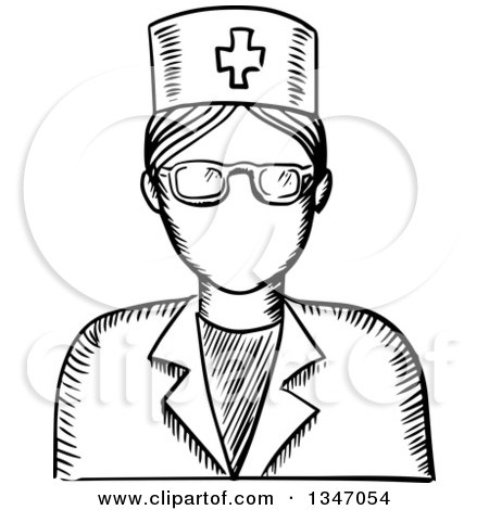 Clipart of a Black and White Sketched Female Nurse Avatar - Royalty Free Vector Illustration by Vector Tradition SM