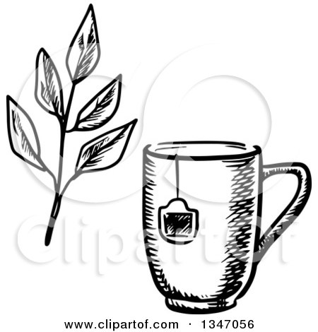 Clipart of a Black and White Sketched Tea Cup with a Bag Label and Leaves - Royalty Free Vector Illustration by Vector Tradition SM