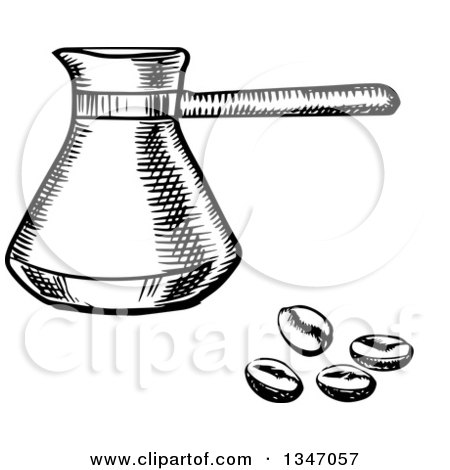 Clipart of a Black and White Sketched Turkish Cezve and Coffee Beans - Royalty Free Vector Illustration by Vector Tradition SM