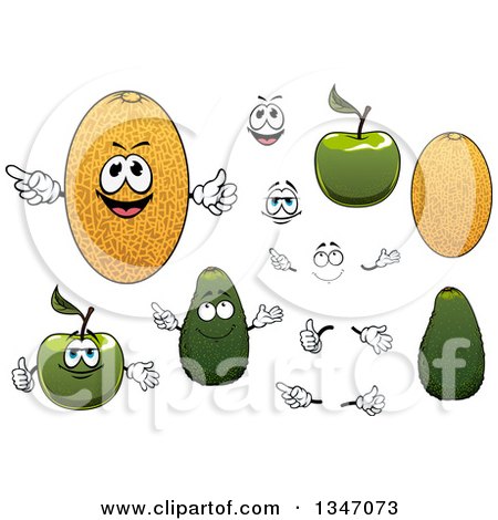 Clipart of Cartoon Faces, Hands, Green Apples, Cantaloupe Melons and Avocados - Royalty Free Vector Illustration by Vector Tradition SM