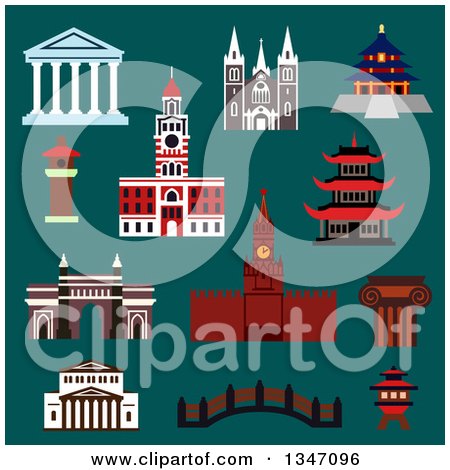 Clipart of Flat Design Famous World Landmark Buildings over Teal - Royalty Free Vector Illustration by Vector Tradition SM