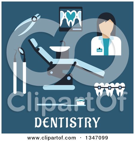 Clipart of a Flat Design Female Dentist Avatar and Accessories with Text on Blue - Royalty Free Vector Illustration by Vector Tradition SM