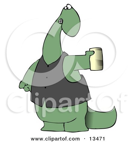 Green Dino in a Vest, Holding a Can of Beer Clipart Illustration by djart