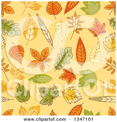 Clipart of a Seamless Background Pattern of Sketched Autumn Leaves over Pastel Orange - Royalty Free Vector Illustration by Vector Tradition SM