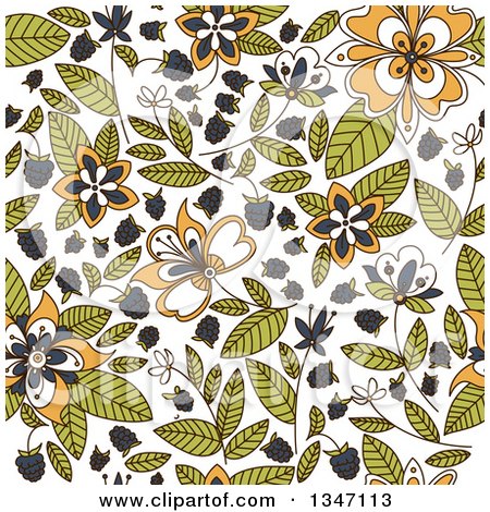 Clipart of a Seamless Background Pattern of Blackberries, Flowers and Leaves - Royalty Free Vector Illustration by Vector Tradition SM