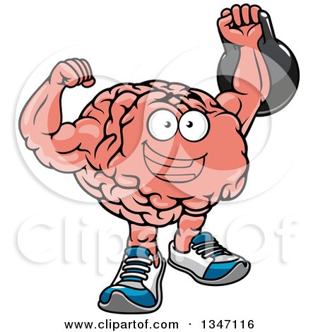 Clipart of a Cartoon Strong Muscular Brain Character Working out with a Kettlebell - Royalty Free Vector Illustration by Vector Tradition SM