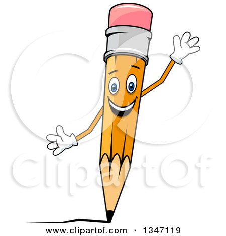 Clipart of a Cartoon Happy Yellow Pencil Character Writing and Waving - Royalty Free Vector Illustration by Vector Tradition SM