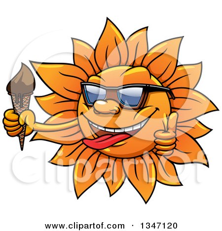 Clipart of a Cartoon Summer Sun Character Wearing Sunglasses, Giving a Thumb up and Holding a Melting Ice Cream Cone - Royalty Free Vector Illustration by Vector Tradition SM