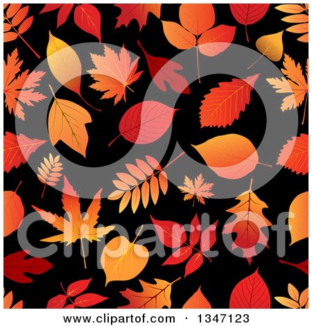 Clipart of a Seamless Background Pattern of Orange Autumn Leaves on Black - Royalty Free Vector Illustration by Vector Tradition SM