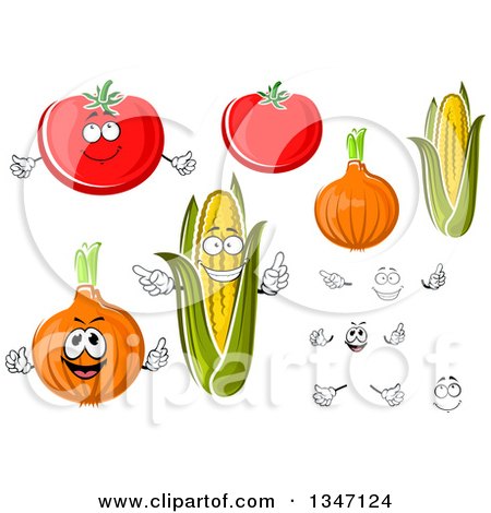 Clipart of Cartoon Faces, Hands, Tomatoes, Yellow Onions and Corn - Royalty Free Vector Illustration by Vector Tradition SM