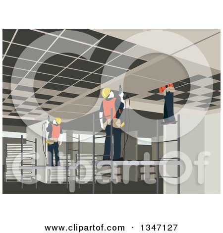 Clipart of a Team of Construction Workers Working on an Interior - Royalty Free Vector Illustration by David Rey