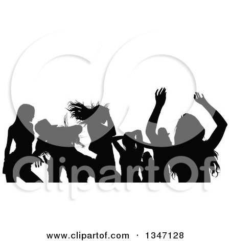 Clipart of a Crowd of Black Silhouetted Young Dancers in a Club 4 - Royalty Free Vector Illustration by dero