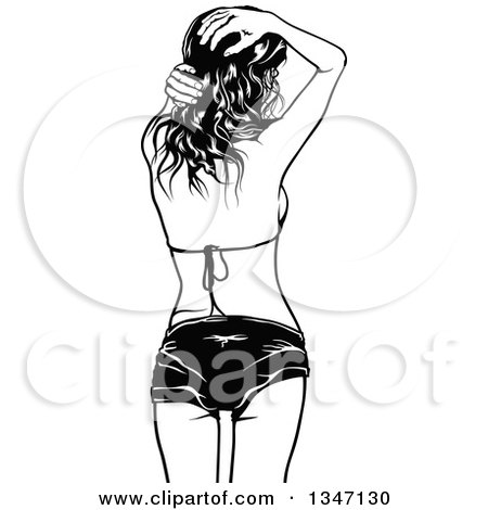 Clipart of a Rear View of a Black and White Party Woman in a Bikini Top - Royalty Free Vector Illustration by dero