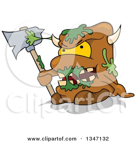 Clipart of a Cartoon Brown Slimed Monster Sitting and Holding an Axe - Royalty Free Vector Illustration by dero