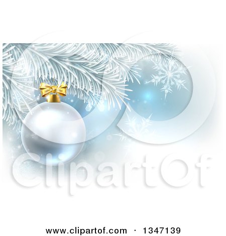 Clipart of a 3d Silver Christmas Bauble Ornament on a Tree over Blue and Snowflakes - Royalty Free Vector Illustration by AtStockIllustration