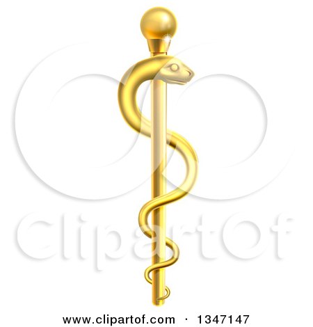 Clipart of a 3d Gold Medical Rod of Asclepius with a Snake - Royalty Free Vector Illustration by AtStockIllustration