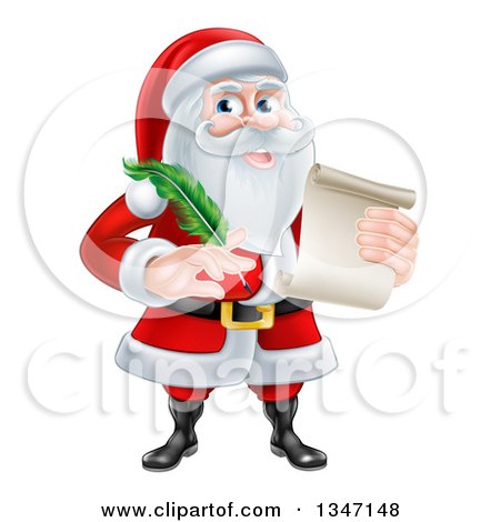 Clipart of a Cartoon Happy Christmas Santa Claus Holding a Parchment Scroll and Quill Pen - Royalty Free Vector Illustration by AtStockIllustration