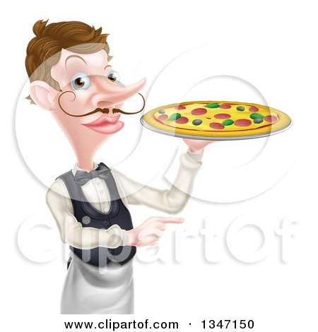 Clipart of a Cartoon Caucasian Male Waiter with a Curling Mustache, Holding a Pizza on a Tray and Pointing - Royalty Free Vector Illustration by AtStockIllustration