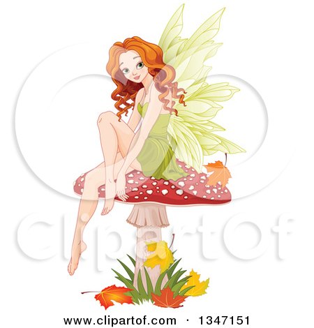 Clipart of a Beautiful Caucasian Female Fairy Sitting on a Fly Agaric Mushroom, with Autumn Leaves - Royalty Free Vector Illustration by Pushkin