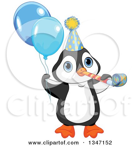 Clipart of a Cute Birthday Party Penguin Blowing a Noise Maker, Wearing a Hat and Holding Balloons - Royalty Free Vector Illustration by Pushkin