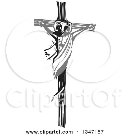 Clipart of a Black and White Woodcut Goat Man on the Cross - Royalty Free Vector Illustration by xunantunich