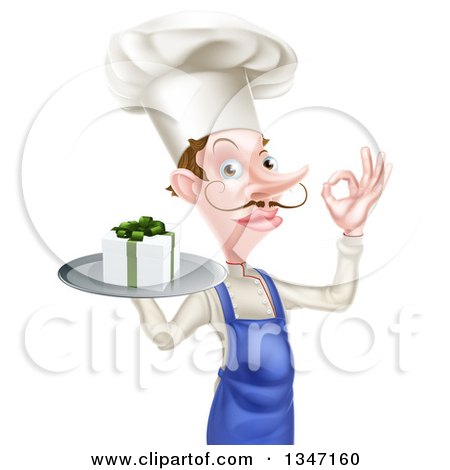 Clipart of a White Male Chef with a Curling Mustache, Holding a Gift on a Platter and Gesturing Ok - Royalty Free Vector Illustration by AtStockIllustration