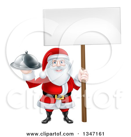 Clipart of a Happy Santa Claus Holding a Silver Cloche Platter and Blank Sign 3 - Royalty Free Vector Illustration by AtStockIllustration