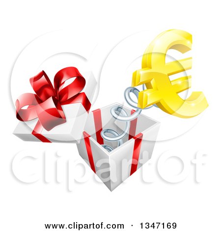 Clipart of a 3d Gold Euro Currency Symbol Popping out of a Gift Box - Royalty Free Vector Illustration by AtStockIllustration