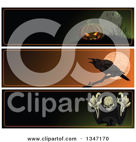 Clipart of Halloween Jackolantern and RIP Tombstone, Crow with a Full Moon, and Skeleton Website Banners with Text Space - Royalty Free Vector Illustration by Pushkin