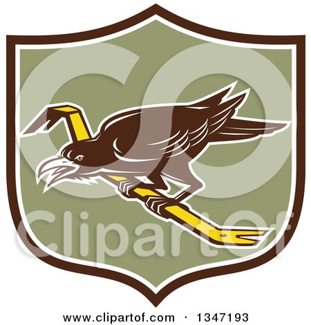 Clipart of a Retro Raven Bird on a Crowbar in a Brown White and Green Shield - Royalty Free Vector Illustration by patrimonio