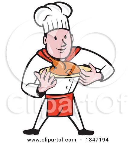 Clipart of a Cartoon White Male Chef Carrying a Roasted Chicken on a Platter - Royalty Free Vector Illustration by patrimonio