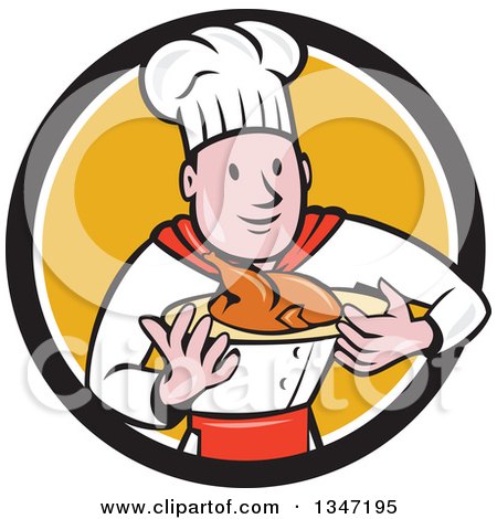 Clipart of a Cartoon White Male Chef Carrying a Roasted Chicken on a Platter in a Black White and Yellow Circle - Royalty Free Vector Illustration by patrimonio