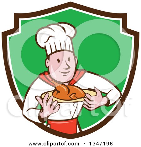 Clipart of a Cartoon White Male Chef Carrying a Roasted Chicken on a Platter in a Brown White and Green Shield - Royalty Free Vector Illustration by patrimonio