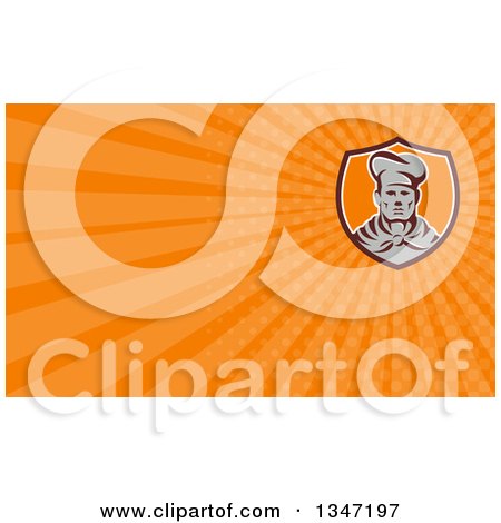 Clipart of a Retro Male Chef Wearing a Toque and Uniform in a Shield and Orange Rays Background or Business Card Design - Royalty Free Illustration by patrimonio