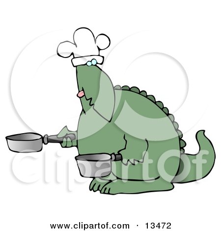 Green Dino in a Chefs Hat, Cooking With a Pan and Pot Clipart Illustration by djart