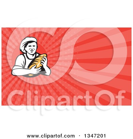 Clipart of a Retro Male Baker Holding a Loaf of Bread and Red Rays Background or Business Card Design - Royalty Free Illustration by patrimonio