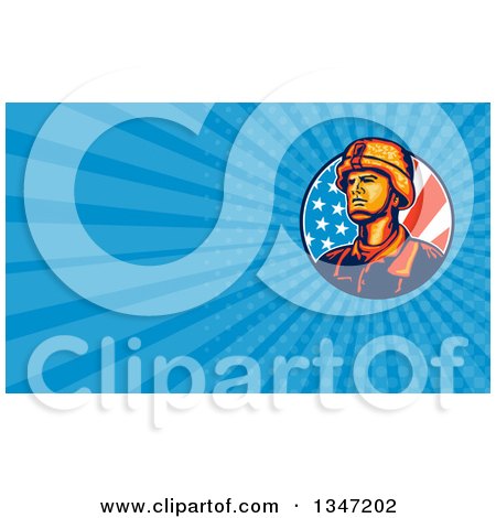 Clipart of a Retro Male Soldier in an American Flag Circle and Blue Rays Background or Business Card Design - Royalty Free Illustration by patrimonio