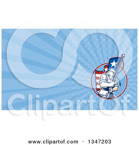 Clipart of a Retro American Patriot Soldier Carrying a Flag and Blue Rays Background or Business Card Design - Royalty Free Illustration by patrimonio