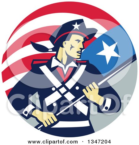 Clipart of a Retro American Patriot Minuteman Revolutionary Soldier Holding a Flag Banner in a Circle - Royalty Free Vector Illustration by patrimonio