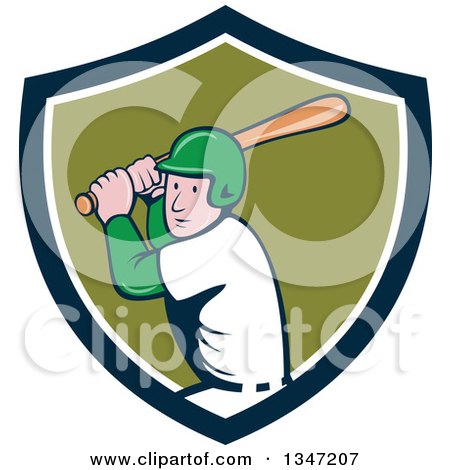 Clipart of a Cartoon White Male Baseball Player Athlete Batting in a Navy Blue White and Green Shield - Royalty Free Vector Illustration by patrimonio