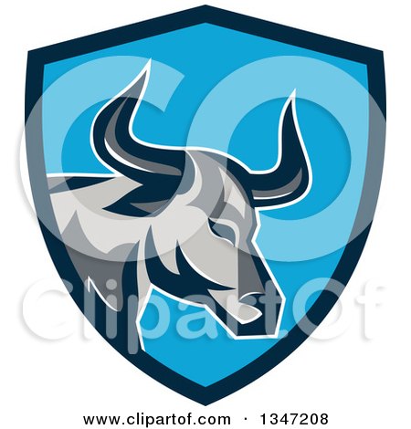 Clipart of a Retro Texas Longhorn Steer Bull in a Blue Shield - Royalty Free Vector Illustration by patrimonio