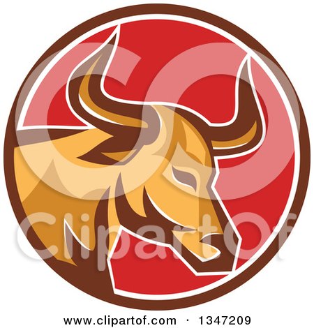 Clipart of a Retro Texas Longhorn Steer Bull in a Brown White and Red Circle - Royalty Free Vector Illustration by patrimonio