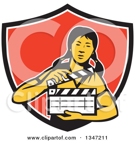 Clipart of a Retro Female Asian Film Crew Worker Holding a Clapper in a Black White and Red Shield - Royalty Free Vector Illustration by patrimonio