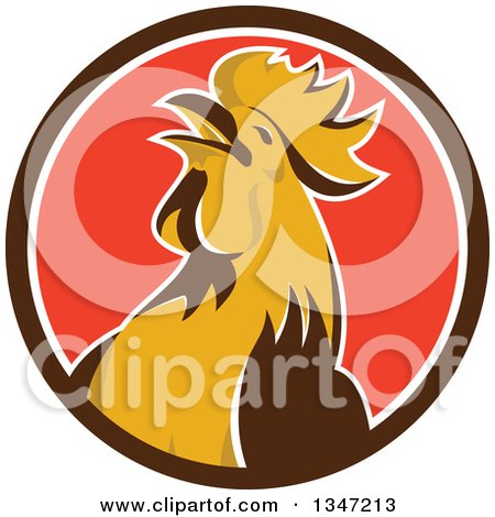 Clipart of a Retro Crowing Rooster in a Brown White and Red Circle - Royalty Free Vector Illustration by patrimonio