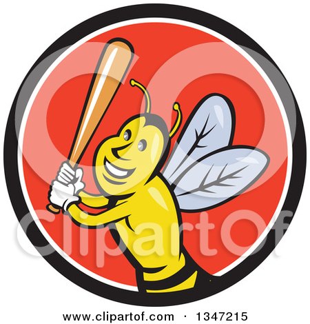 Clipart of a Cartoon Bee Baseball Player Sports Mascot Batting in a Black White and Red Circle - Royalty Free Vector Illustration by patrimonio