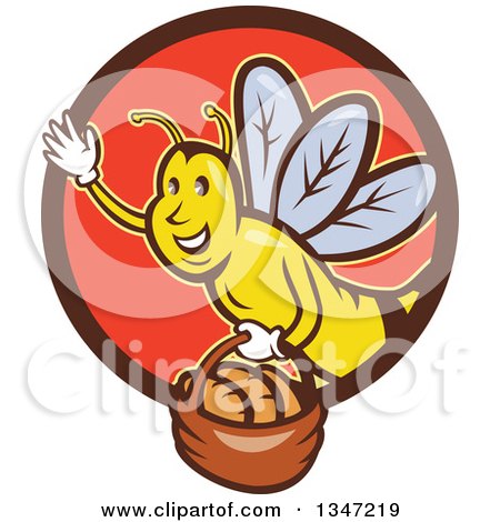 Clipart of a Retro Cartoon Friendly Bee Flying with a Bread Basket in a Brown and Red Circle - Royalty Free Vector Illustration by patrimonio