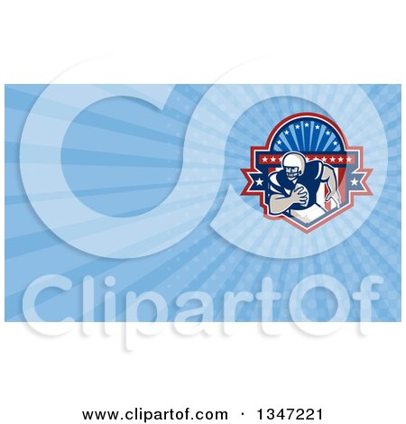 Clipart of a Retro Gridiron American Football Player Running in a Shield and Blue Rays Background or Business Card Design - Royalty Free Illustration by patrimonio