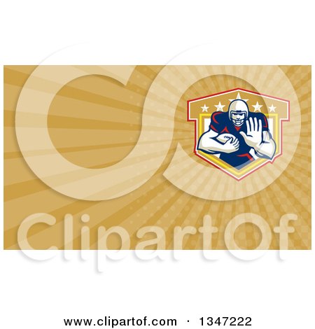 Clipart of a Retro Gridiron American Football Player Fending in a Shield and Yellow Rays Background or Business Card Design - Royalty Free Illustration by patrimonio