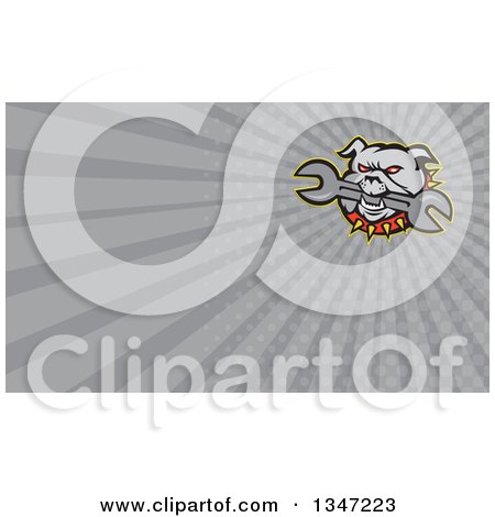 Clipart of a Cartoon Evil Bulldog Bititing a Spanner Wrench and Gray Rays Background or Business Card Design - Royalty Free Illustration by patrimonio