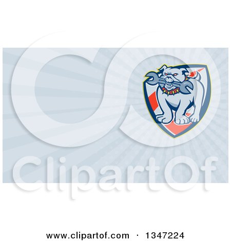 Clipart of a Cartoon Evil Bulldog Bititing a Spanner Wrench in a Shield and Pastel Blue Rays Background or Business Card Design - Royalty Free Illustration by patrimonio